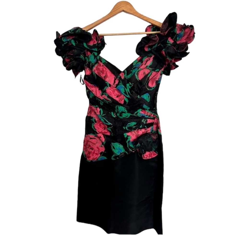 Vintage Floral and Ruffled Tadashi Shoji Evening Midi Dress/Gown